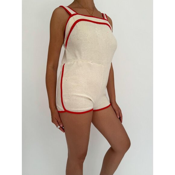 60s 70s vintage red cream ringer terry cloth mini romper shorts playsuit small - Picture 5 of 10